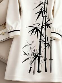 Franclia Women's Elegant Bamboo Print Contrast Binding Collar Long Sleeve Short Dress, Spring/Autumn