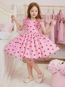 1pc Girls' Heart Flocked & Mesh Waist Cinched Dress, Suitable For Daily And Vacation Wear, Summer - Multicolor - View 1