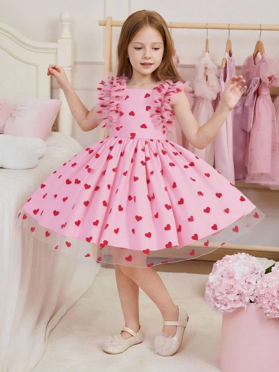 1pc Girls' Heart Flocked & Mesh Waist Cinched Dress, Suitable For Daily And Vacation Wear, Summer - Multicolor - View 1