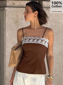 Siren Gaze 2025 Women's Spring/Summer New Design Lace Trim Camisole Top, Unique Minimalist Short Cropped Camisole Milkmaid Top Brown Top Lace Top Brown Lace Top Lace Cami Lace Trim Top Milkmaid Style Top Lace Cami Top Brown Camisole - Coffee Brown - View 7