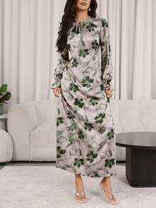 Veilorie 女士印花系领喇叭袖优雅阿拉伯风格连衣裙 - 彩色 - 查看 1