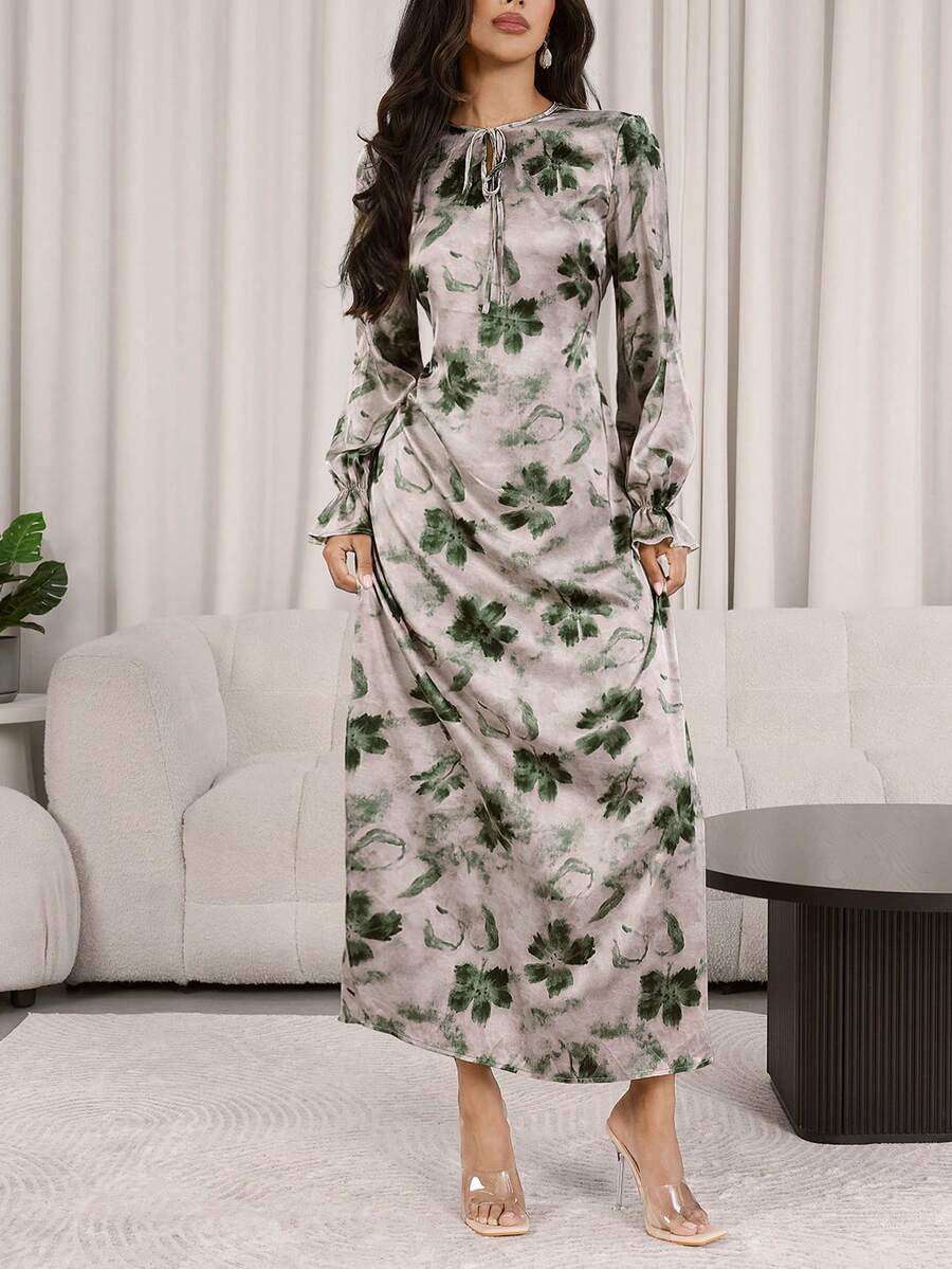 Veilorie 女士印花系领喇叭袖优雅阿拉伯风格连衣裙 - 彩色 - 查看 1