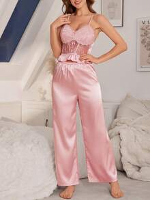 Côtesoire 3pcs Ladies Satin Lace Pajama Set, Fall Winter Clothes - Multicolor - View 5