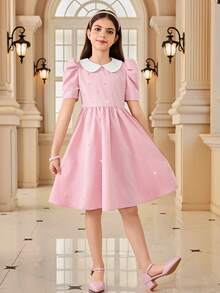 Robe élégante à col et manches bouffantes courtes avec décoration de perles, pour jeune fille en déplacement - Rose bonbon - Voir 2
