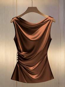 SHEIN LUNE 优雅修身褶裥装饰纽扣收腰女士吊带衫 - 卡其色 - 查看 3