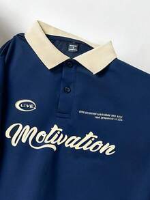 Manfinity Joysei Áo thun polo in chữ cổ bẻ màu tay ngắn dáng rộng cho nam - Màu xanh lam - Xem 3