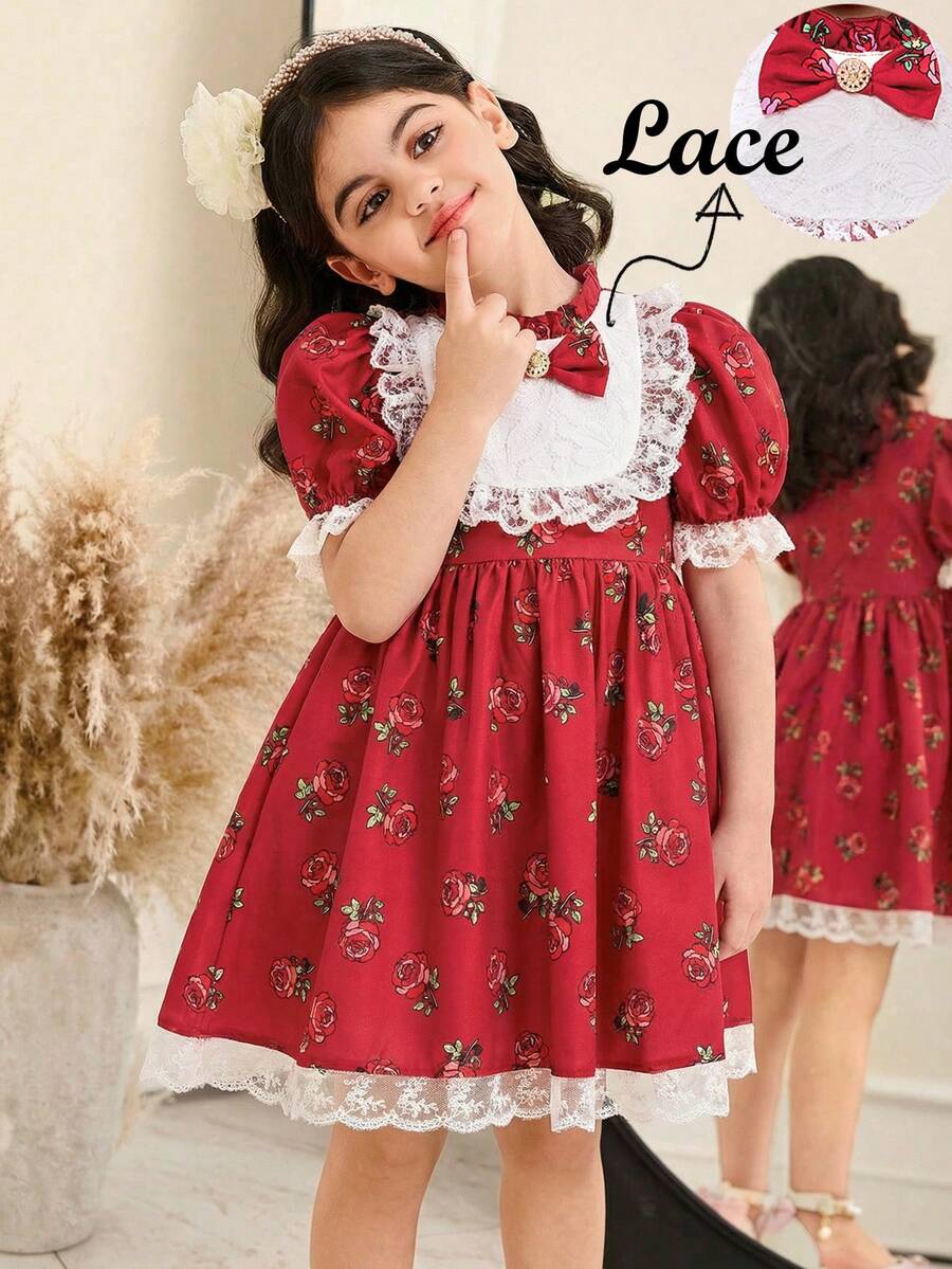 SHEIN Vestido de niña joven con bloques de color rojo, cuello Peter Pan, encaje y corte A, lindo & elegante para fiesta de verano, Día de San Valentín, uso diario escolar & vacaciones y días festivos - Rojo - Ver 1
