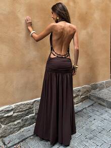 SHEIN BAE 棕色长款飘逸垂褶领连衣裙，适合海滩度假、派对、婚礼等场合，优雅的春夏长裙 - 棕色 - 查看 2