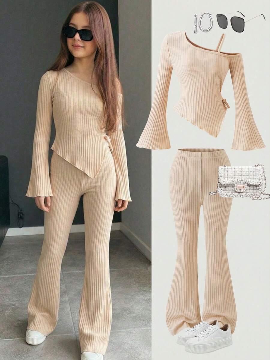 Sparklyn Girls' Apricot Ribbed Knit Asymmetric Hem Bell Sleeve Off Shoulder T-Shirt Set, Includes 1 T-Shirt And 1 Flared Pants, Comfortable And Versatile For Autumn - Apricot - View 1