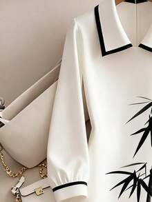 Franclia Women's Elegant Bamboo Print Contrast Binding Collar Long Sleeve Short Dress, Spring/Autumn