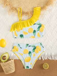 Young Girls Lemon Print Knit Asymmetrical Shoulder Ruffle 2 Pieces Bikini Set, Elegant & Conservative, Suitable For Vacation, Swimming, Beach, Summer  Lemon Swimsuit Kids Lemon Bathing Suit Girls Two Pieces With Ruffles Girls Swimsuit Two Piece Fruit Print Swimsuit Kids Lemon Two Piece Swimsuit Girls Girls Two Piece Swimsuit With Ruffles 2 Piece Set Summer Girls Kids Lemon 2 Piece Swimsuit Girls Ruffled Swimsuit Girls Lemon Swimsuit Girls 2 Piece Swimsuit Ruffled Collar Swimsuit Girls Girls 2 Pi - Multicolor - View 3