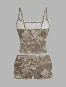 SHEIN EZwear 两件套女士蕾丝吊带背心和褶皱短裤，适合夏季穿着 - 彩色 - 查看 2