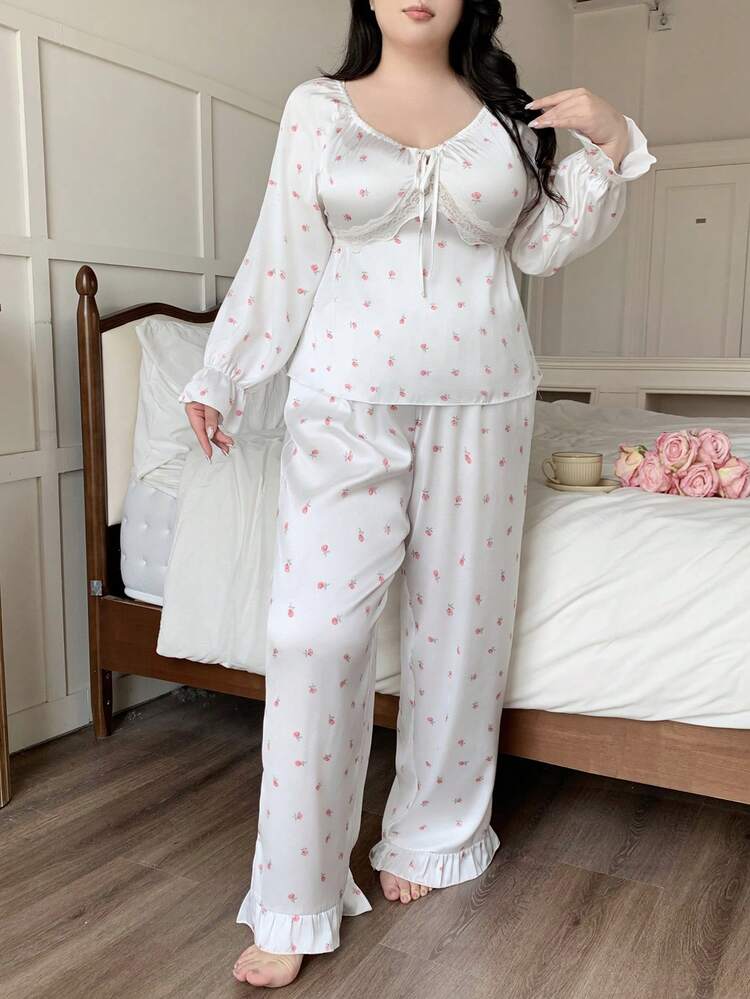 Dazy Plus Plus Size Women 2 Pieces Floral Contrast Lace Flare Sleeve Waist Cinched Top And Straight Leg Long Pants Pajama Set, Spring/Summer