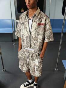 PAVTROS 男士全身印花短袖衬衫和短裤两件套街头服饰，适合返校季 - 彩色 - 查看 2