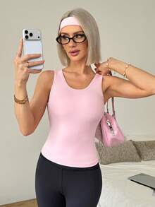 Slayform 女士纯色圆领休闲健身运动背心 - 粉色 - 查看 6