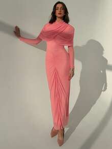 Aloruh 女士复古斗篷式立领修身连衣裙，长袖，适合茶会、下午茶、宴会、派对、生日等场合。 - 粉色 - 查看 5