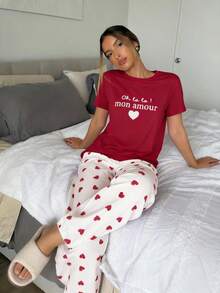 Aloruh Women's Valentine's Day Heart Print Casual 2 Pieces Set - Red - View 1