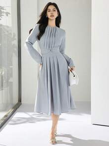 Heiryn 女士纯色圆领褶裥设计优雅中长连衣裙 - 藍色 - 查看 4