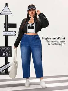 Flexra Plus Size Women Elastic Slant Pocket Vintage Wash Casual Jeans - Dark Wash - View 6