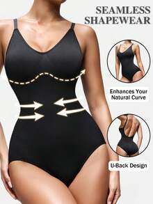 SHEIN 1pc Women's Shapewear Seamless V-Neck Sexy Low Waist Exposed Back Bodysuit,Control Belly Slimming Solid Shapewear Summer,Hip Lift Slimming Lingerie - Black - View 2