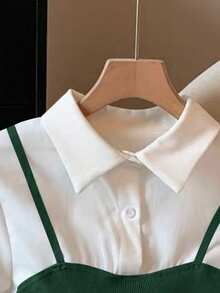 GlowEve Blusa de 2 en 1 con botones y dobladillo de peplum en bloques de color - Verde - Ver 4