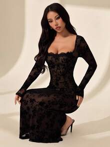 SHEIN PETITE 女士新款夏季派对约会晚宴性感S型网纱长袖文胸鱼骨方领紧身黑色长裙 - 黑色 - 查看 1