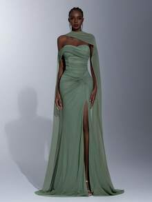 Elitara Đầm dạ hội màu xanh lá cây sang trọng, co giãn, tay bồng, thiết kế xoắn, cổ yếm, xẻ tà, dáng đuôi cá, thích hợp cho đám cưới, sự kiện, tiệc tùng, kỳ nghỉ, dạ hội và các dịp trang trọng. - Cỏ xanh - Xem 4