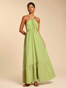 Travachic Einfarbiges Kleid mit Bindedetail am Hals, rückenfreier Lässig Urlaubskleid - Grün - Übersicht 1
