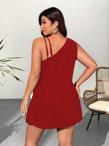 SHEIN Clasi Women's Elegant Red Summer Satin Party Dress,Casual Loose Fit One Shoulder Solid Color Vacation Dress,Suitable For Commuting And Leisure - Red - View 2