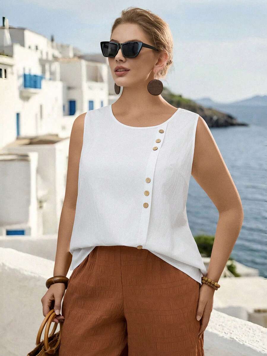 Linhara 大码女式夏季休闲度假日常通勤简约百搭纯色纽扣装饰宽松背心 - 白色 - 查看 1