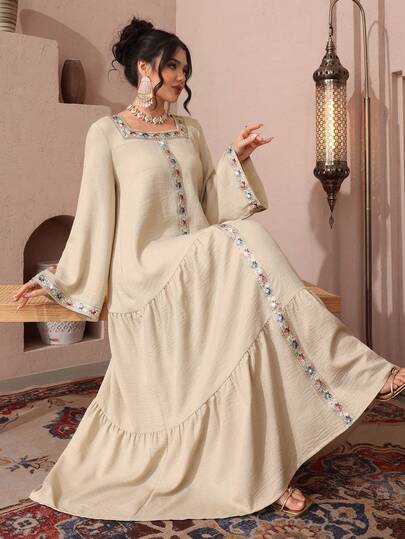 SHEIN Najma Crew Neck Ribbon Patchwork Long Sleeve Flared Hem Arabic Style Dress For Women