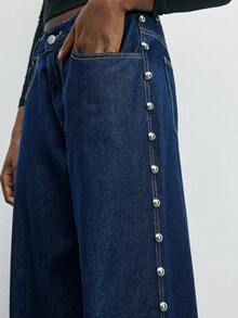 Maija Women's Casual Fashion Street Punk Style Rivet Decor Loose Wide-Leg Jeans - Dark Wash - View 7
