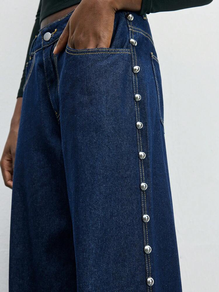 SHEIN Maija Women's Casual Fashion Street Punk Style Rivet Decor Loose Wide-Leg Jeans