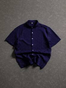 PAVTROS Men's Solid Color Front Button Casual Versatile Short Sleeve Shirt - Navy Blue - View 4