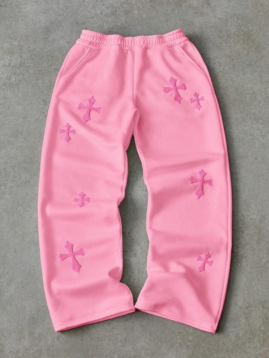 Manfinity Roghcode Men's Light Pink Autumn Graphic Y2k City Break Sweatpants,Cross Embroidered Full-Print Loose Fit Casual Sweats,Street-Style Outdoor Festival Gift - Pink - View 1