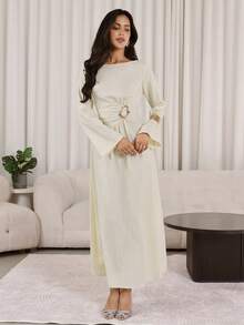 Veilorie 女士优雅金属装饰纹理连衣裙，秋季 - 杏色 - 查看 3