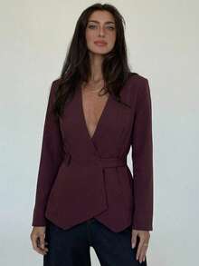 Aloruh Women's Fashionable Solid Color Deep V Neck Blazer In Fall/Winter - Burgundy - View 3