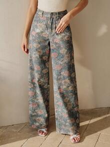 Anewsta Women's Casual Rose Print Distressed Straight Leg Jeans - Blue - View 7