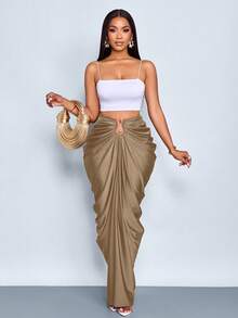 SOLERSUN 女士时尚纯色褶皱半身裙 - 摩卡棕 - 查看 5