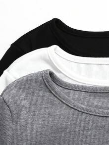 SHEIN 3件套少女休闲修身舒适圆领短袖T恤套装，黑/白/灰 - 彩色 - 查看 4