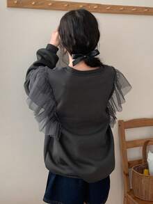 DAZY 少女字母虎纹圆领撞色网纱荷叶边休闲卫衣 春季 - 深灰色 - 查看 7