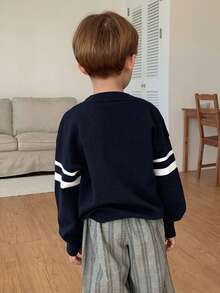 DAZY Young Boy Patchwork Striped Long Sleeve Single-Breasted Casual Knit Cardigan Spring - Navy Blue - View 6