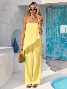 Vivid Eden 2pcs Women Casual Strapless Asymmetrical Hem Top And Loose Wide Leg Pants Set, Textured Fabric, Spring/Summer Vacation - Yellow - View 8