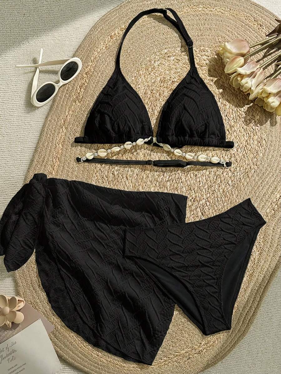 SHEIN Teen Girl 3 PiecesSwimsuit Set: White Textured Knit Camisole, Swim Shorts, And Wrap Skirt - Black - View 1