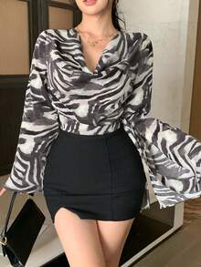 DAZY Women's Elegent White Animal Print Chiffon Blouse,Loose Office Wear With Flare Sleeve,Autumn Night Out Colorblock Drawstring Waist Long Sleeve Top - Black - View 6