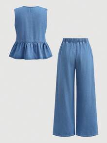 SHEIN 2Pcs Teen Girls Fashion Casual Y2k Vintage Cool Street Two Pieces Set Of Comfortable Blue Denim Sleeveless Vest With Ruffled Edges And Comfortable Loose Elastic Waistband Jeans For Kids Clothes Teen Girls Dailywear And Kids Spring And Summer Rave Outfits Festival And Outfits Streetwear Clothes - Blue - View 7