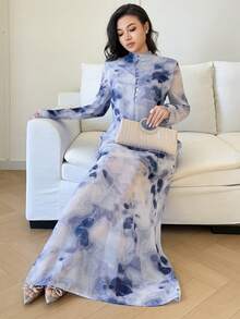 Yasmyna 女士印花立领优雅长袖土耳其长袍和阿拉伯传统罩袍 - 彩色 - 查看 6