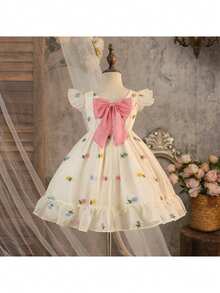 SHEIN Babygirl Vacation Casual Cute Floral Pattern Bowknot Cap Sleeve Dress - Apricot - View 3