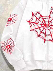 Manfinity ZONE917 Men's Loose Raglan Spider Web Print Hooded Sweatshirt Sweatshirt - White - View 2