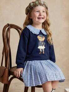 PrepCrw Bộ 2 chiếc áo nỉ dệt kim dáng rộng màu xanh navy và chân váy mini xếp ly kẻ sọc xanh trắng dễ thương cho bé gái, thích hợp cho các dịp trở lại trường, đi chơi thường ngày, du lịch, tiệc tùng, ngày lễ, mùa thu, mùa đông, mùa xuân - Màu xanh hải quân - Xem 9